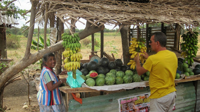 Puestecillo de sandías y plátanos en Sri Lanka