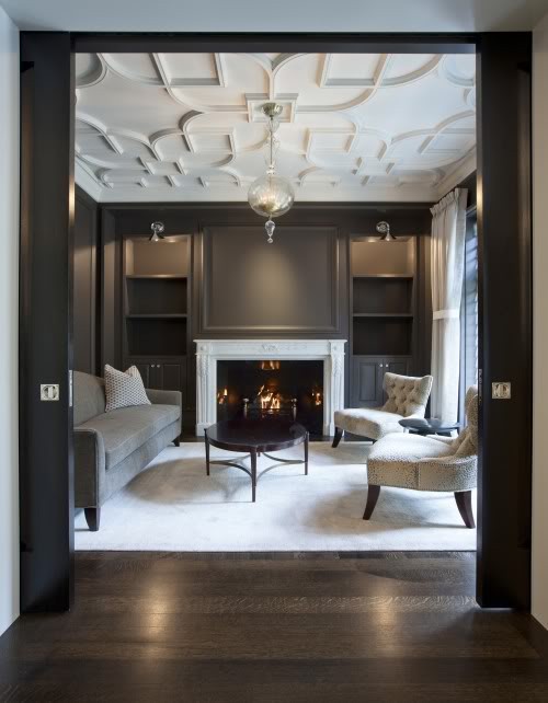 dark gray room, LOVE the ceiling!!!! Traditional design living room