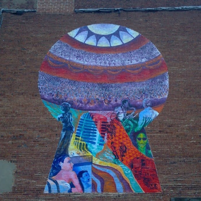 Jazz greats through the keyhole, mural, Ashley Hodder, 2037 Centre Ave, Pittsburgh PA