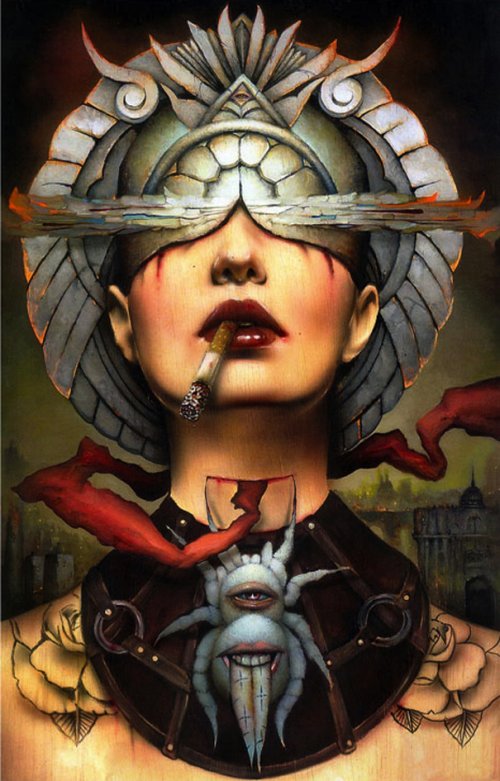 As surreais pinturas hiper-realistas de mulheres prontas para a guerra e violência de Brian Viveros Brian Viveros pinturas mulheres badass violentas fumantes guerra surreal hiper realista