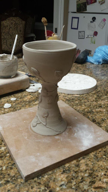 Ceramic / pottery / stoneware goblet with leaf design, in progress.