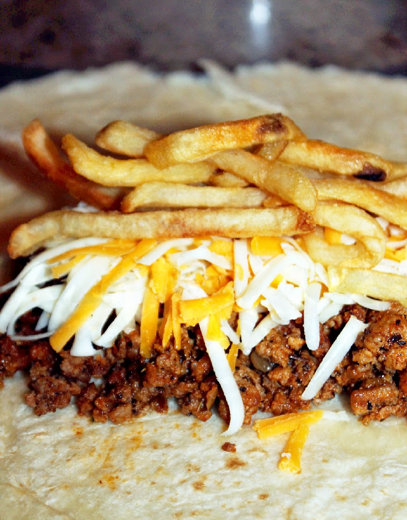 Creole Contessa California Burritos loaded with Cheese, French Fries, and Guacamole