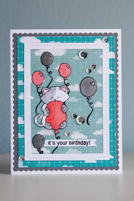 Cat with Balloons |  Birthday Card by Ka | Newton's Birthday Bash stamp set by Newton's Nook Designs 