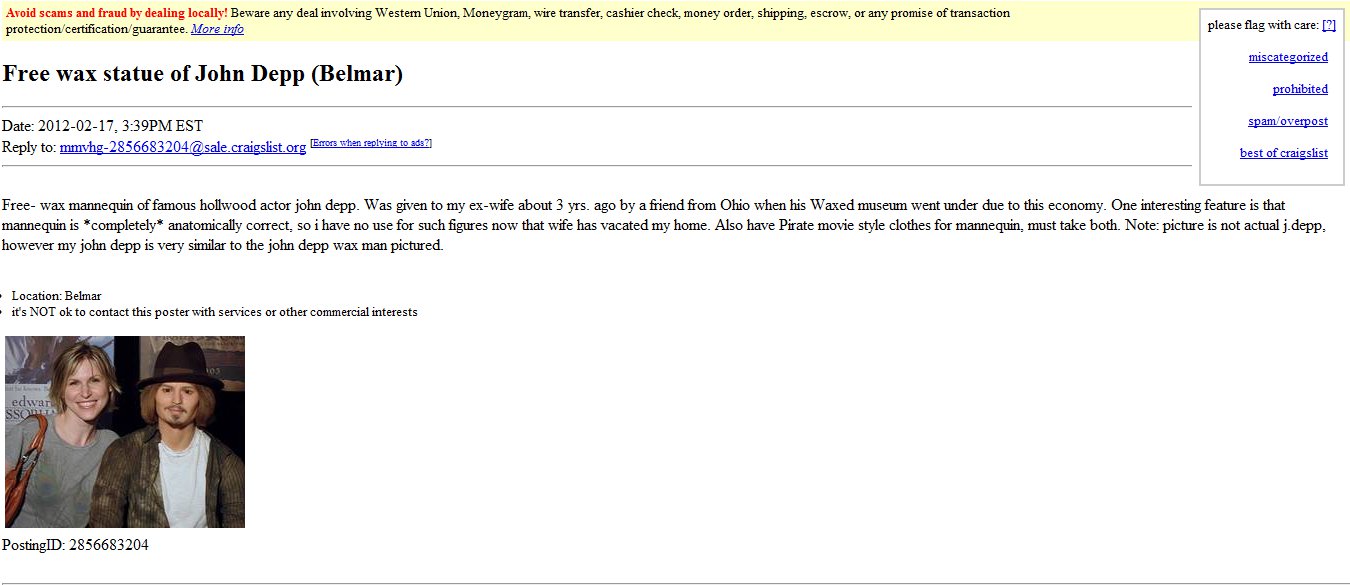 On Craigslist in Belmar Free "anatomically correct" XXX Johnny Depp