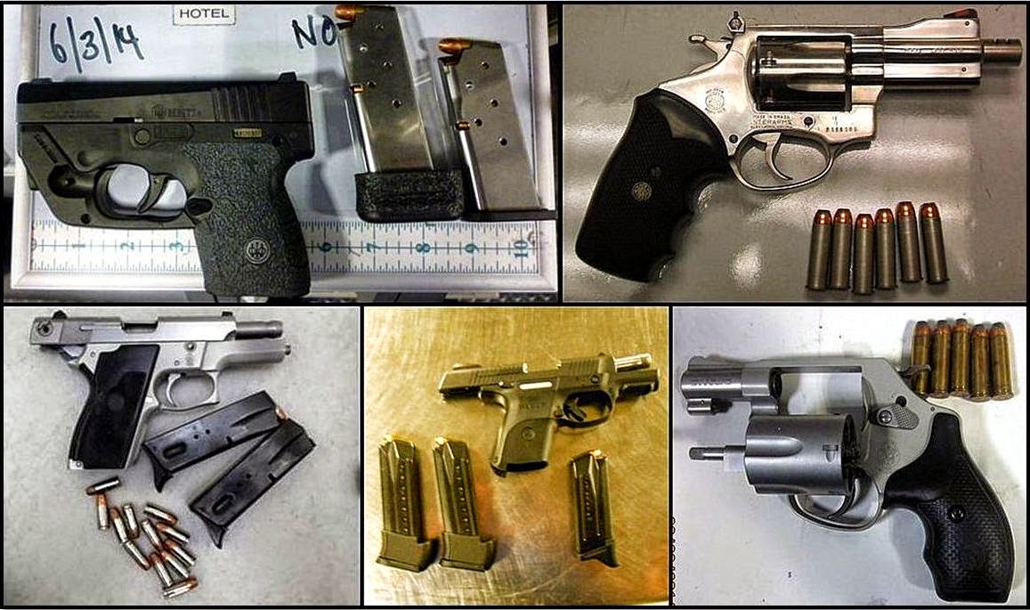 Clockwise from top left - Firearms discovered at FLL, RDU, DEN, PHX, and JAN.