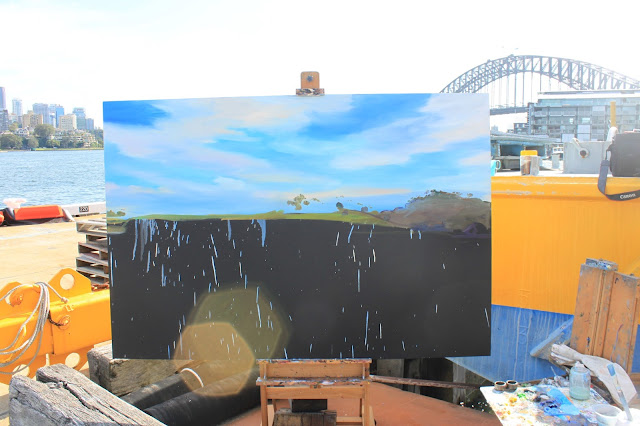 Starting a large plein air painting of Goat Island from Moore's Wharf by artist Jane Bennett Starting a large plein air painting of Goat Island from Moore's Wharf by artist Jane Bennett