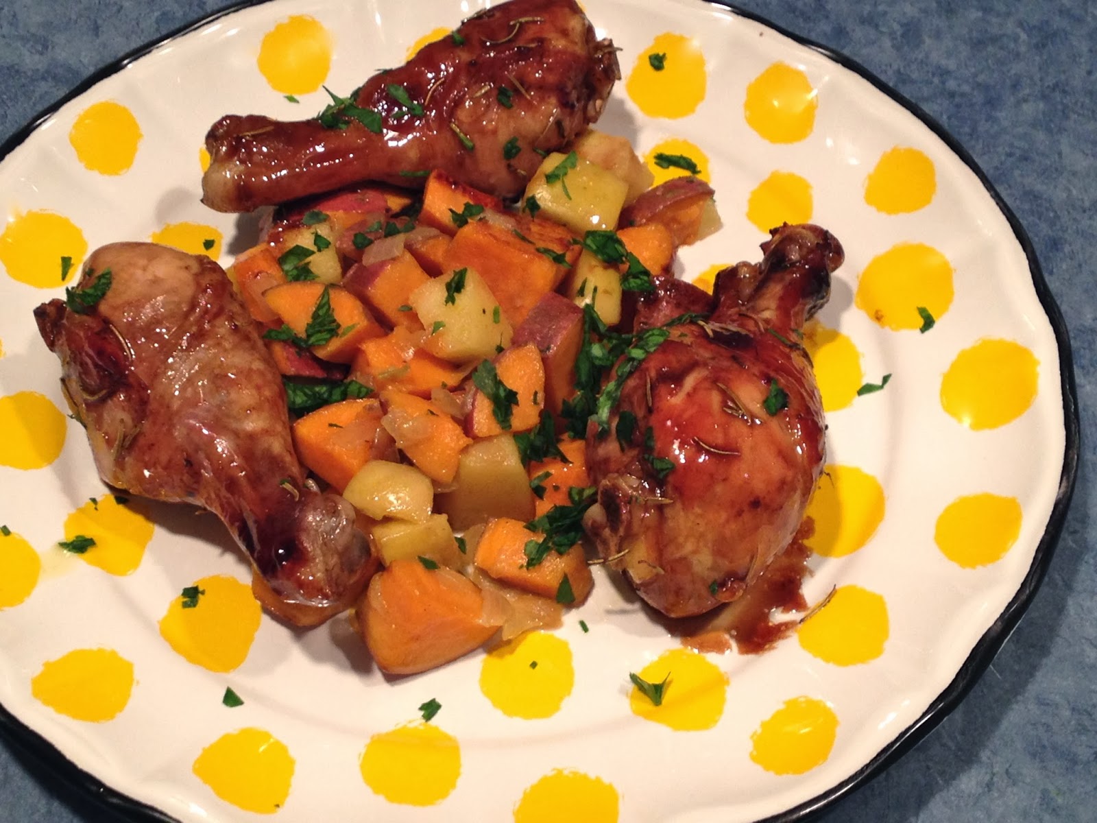 Sweet Chicken Drumsticks with Sweet Potato and Apple Saute