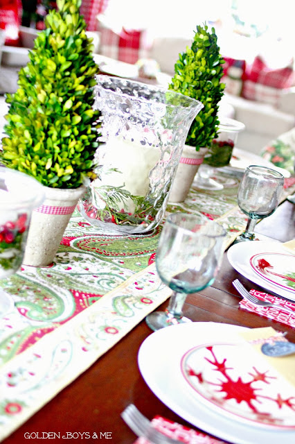 Table scape with preserved boxwood topiaries and Target Christmas plates-www.goldenboysandme.com