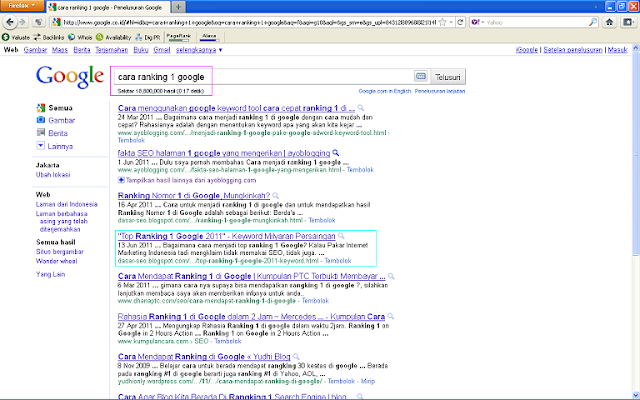 Hasil Posting Top Ranking 1 Google 2011 Setelah 96 Jam di Google Indonesia Hasil Posting Top Ranking 1 Google 2011 Setelah 96 Jam di Google Indonesia - Cara Ranking 1 Google