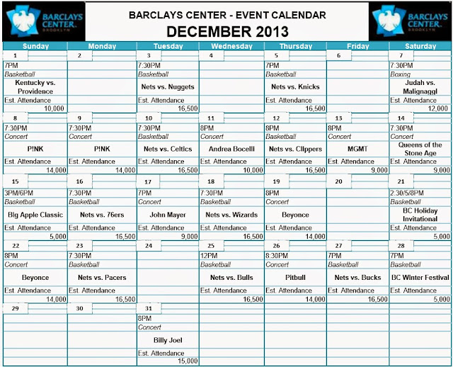 The Barclays Center releases event calendar for December 2013