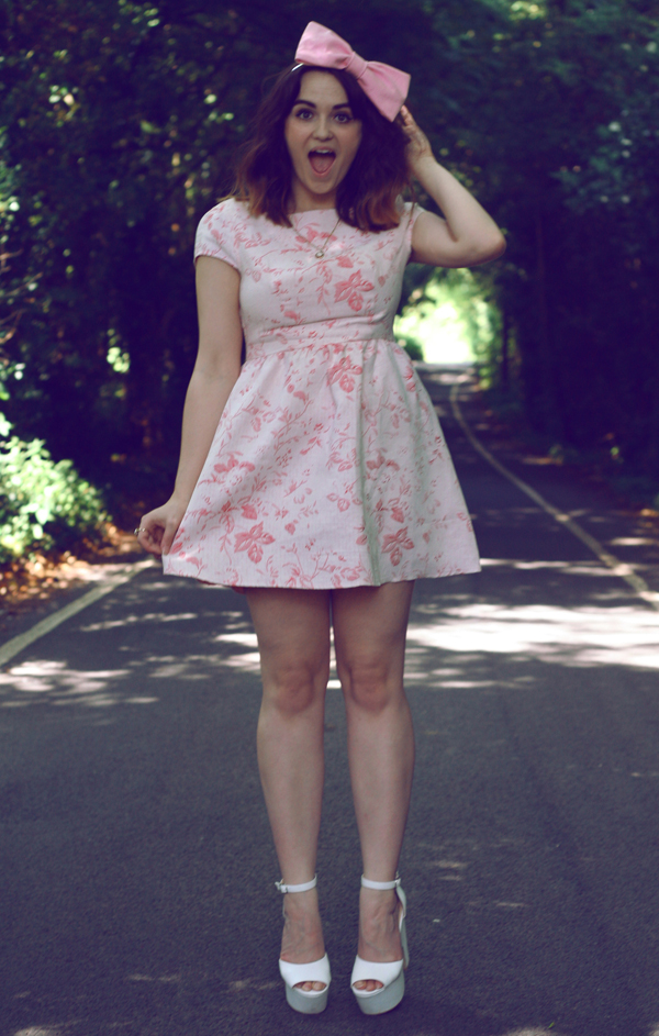 uk fashion style, dahlia fashion tapestry floral Jacquard dress styled with pink bow, vintage opal gold necklace, white platform wedges and a huge pink hair bow from roses and clementines, a tea party look, inspired by alice in wonderland, through the looking glass uk fashion style, dahlia fashion tapestry floral Jacquard dress styled with pink bow, vintage opal gold necklace, white platform wedges and a huge pink hair bow from roses and clementines, a tea party look, inspired by alice in wonderland, through the looking glass