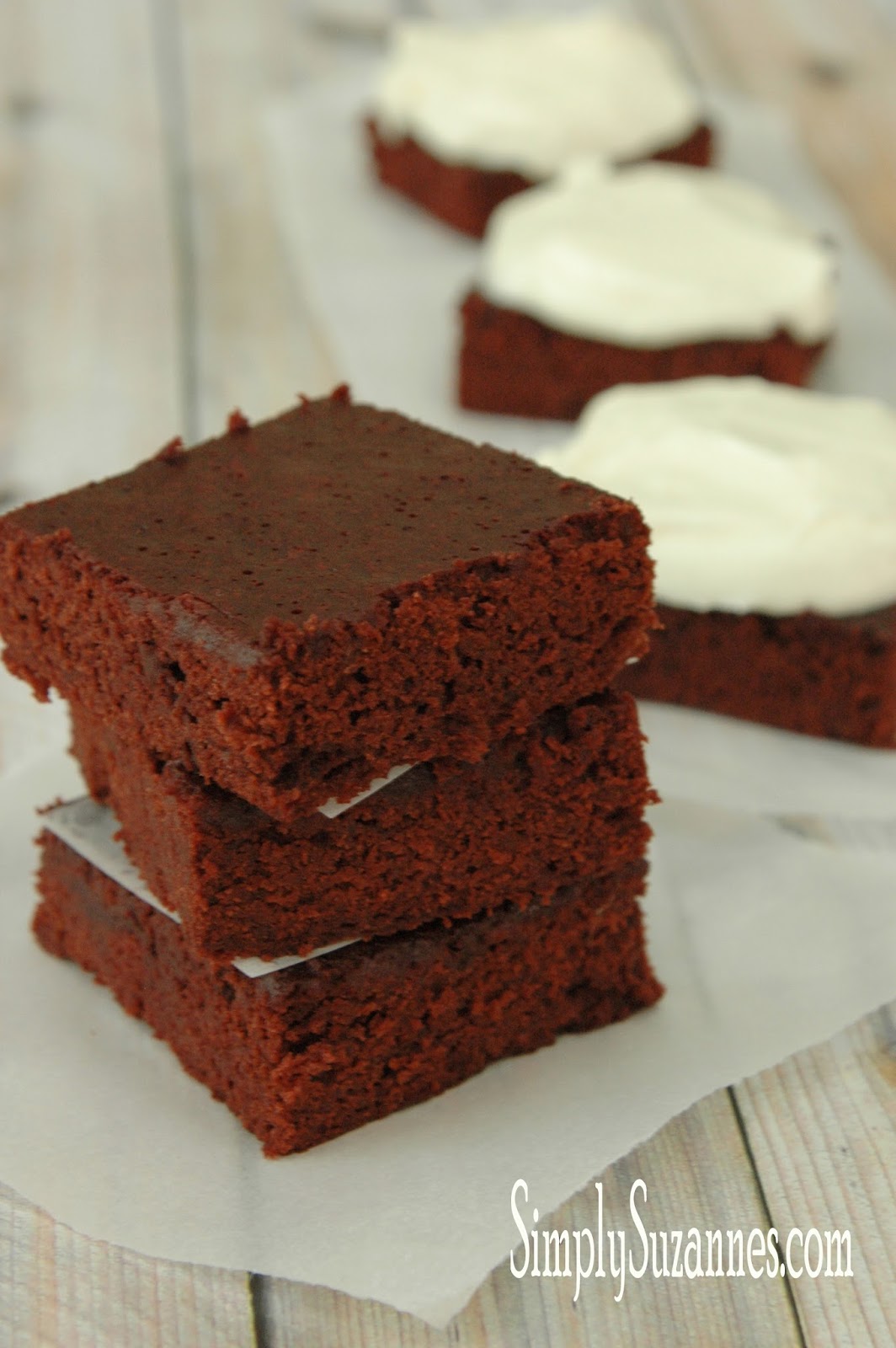 Simply Suzanne's AT HOME red velvet brownies with cream cheese frosting