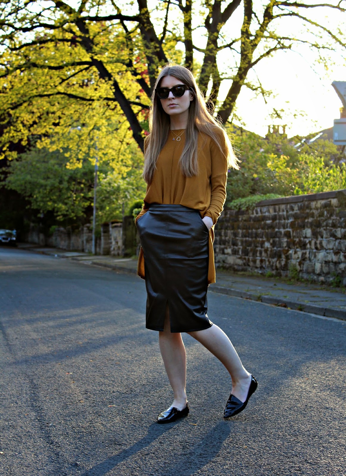 Outfit Mustard Jumper and Leather Pencil Skirt Style Trunk