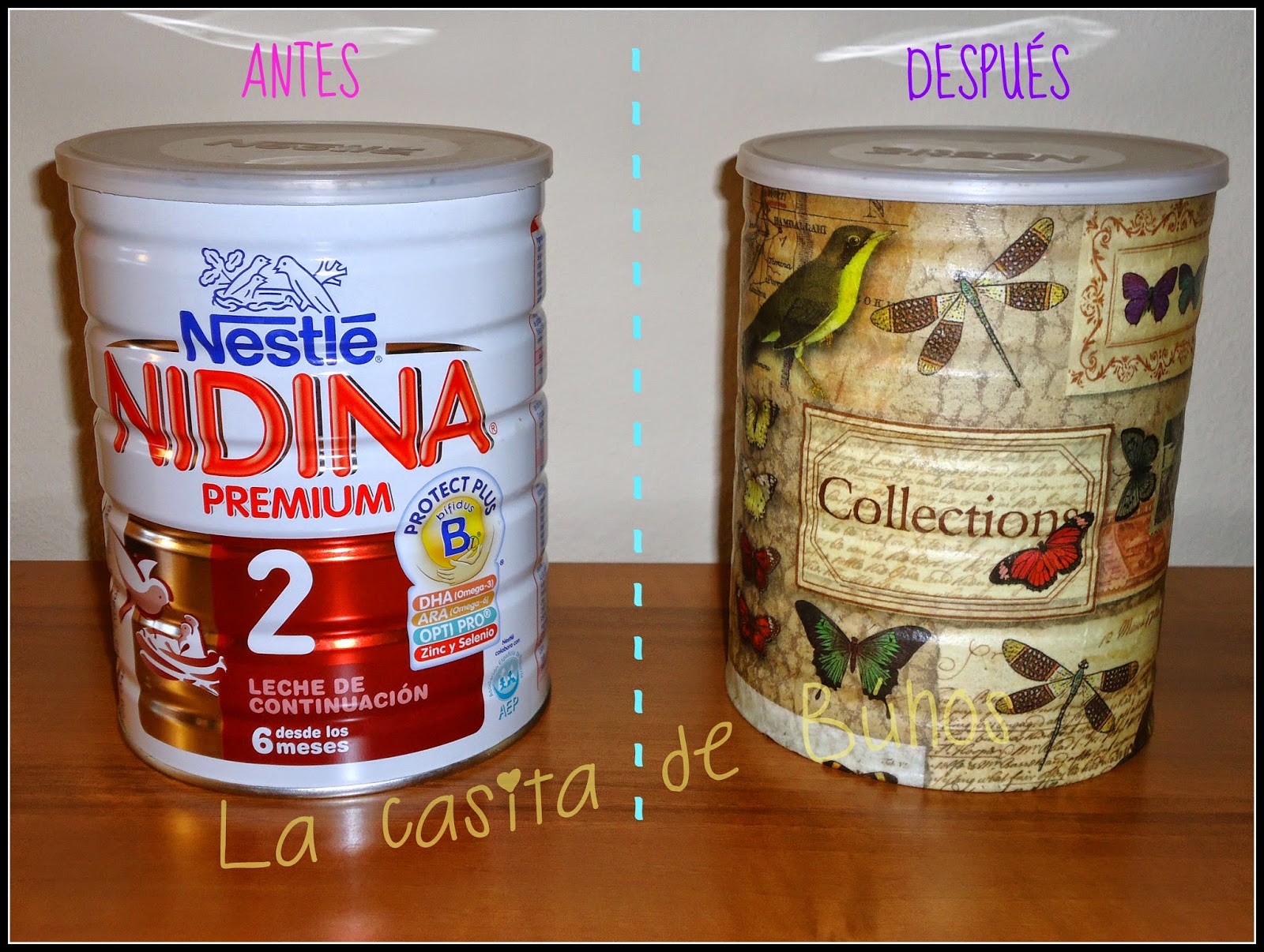 La casita de búhos: Bote de leche con decoupage