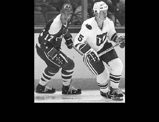  Vs. Hartford: Gordie and son Mark (5) played one NHL season together after the league absorbed 4 WHA teams. Is Tom Rowe (17) checking the surroundings? Two weeks after their Jan. 4, 1980 game, the Caps traded Rowe to Hartford 
