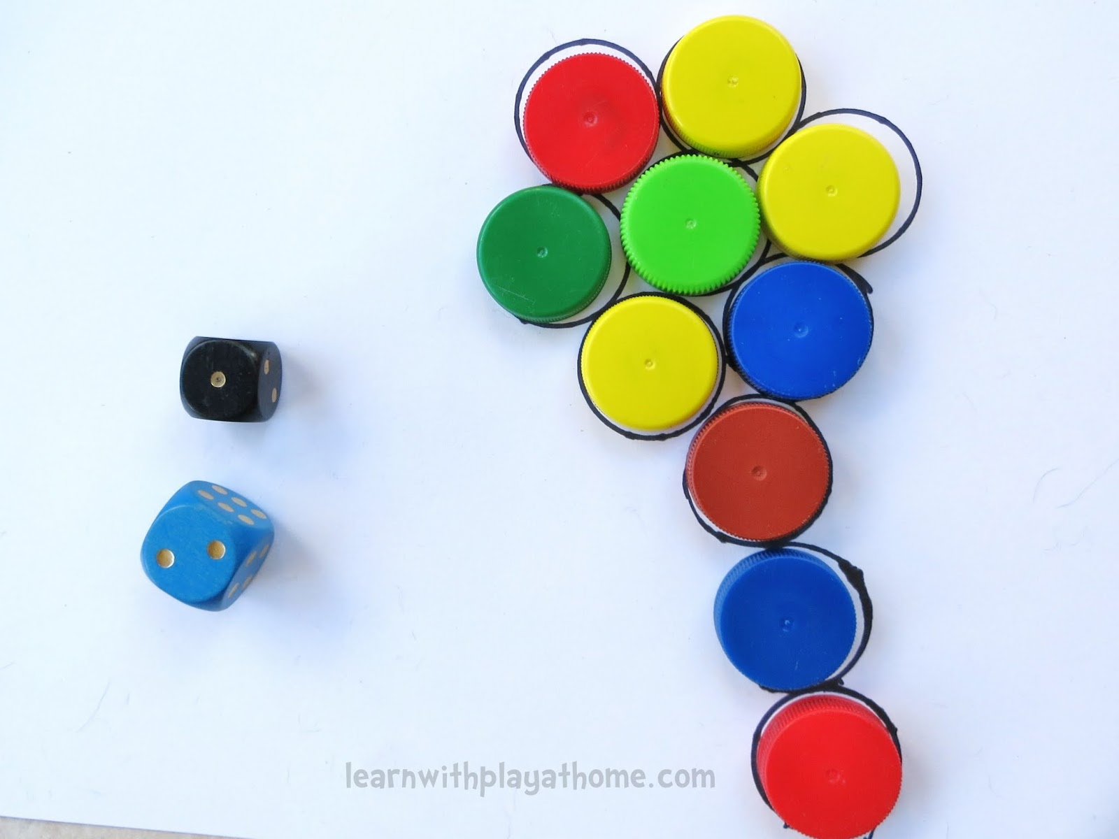 Learn with Play at Home Fun Bottle Top Addition Game. Playful Maths