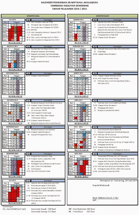 Kalender Pendidikan 2014-2015 MI Miftahul Akhlaqiyah