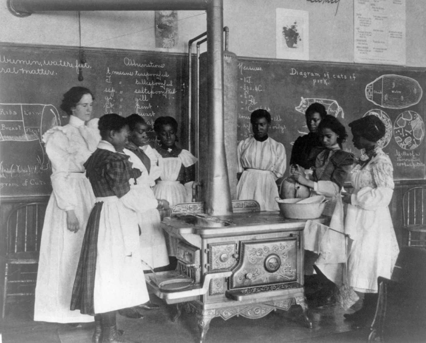 Frances+Benjamin+Johnston+-+African+American+schoolgirls+with+teacher,+learning+to+cook+on+a+wood+stove+in+classroom,+1899.jpg