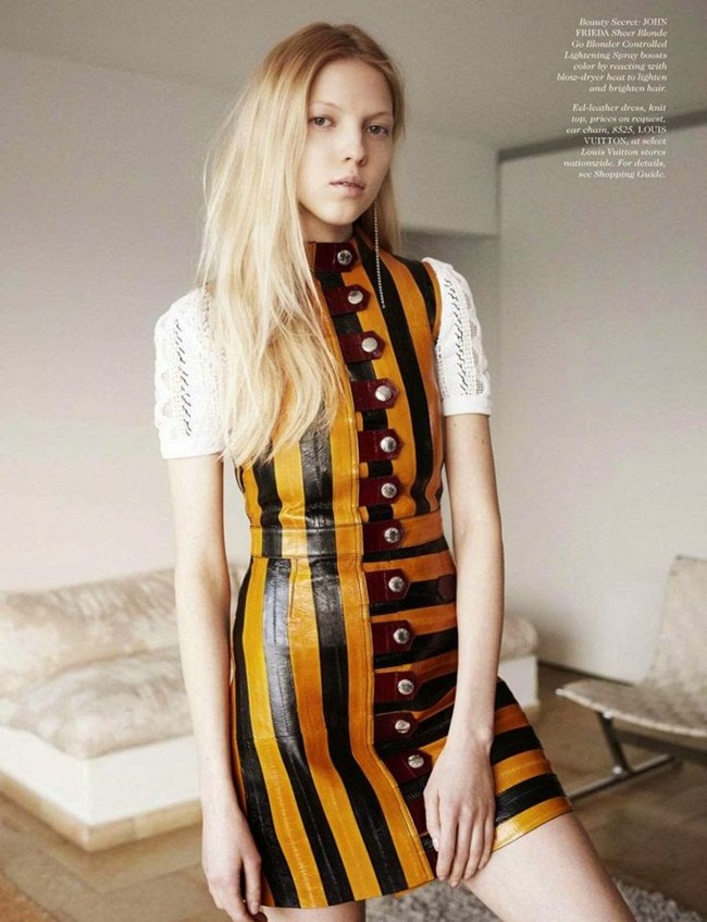 Elle April 2015, Kristina Lisovenko Louis Vuitton SS 2015 Deep Yellow Stripes Dress Editorials