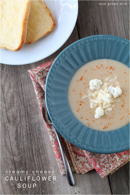 This Cheesy Cauliflower Soup is so creamy and delicious and good for you too! You won't believe how tasty this simple soup is! LoveGrowsWild.com