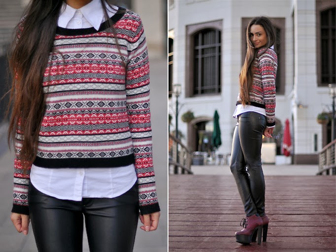 calça skinny de couro calça skinny, camisa, tricot
