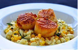 Thyme Seared Scallops on Coconut Creamed Corn with Red Bell Peppers