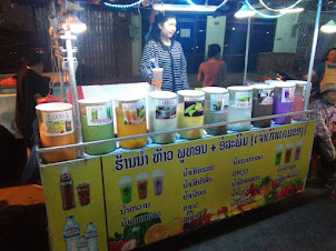 Assorted juice drinks on sale in "Night Market" in Vientiane.