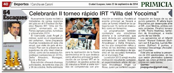 COLUMNA "64 ESCAQUES" / II TORNEO RÁPIDO IRT "VILLA DEL YOCOIMA" COLUMNA "64 ESCAQUES" / II TORNEO RÁPIDO IRT "VILLA DEL YOCOIMA"