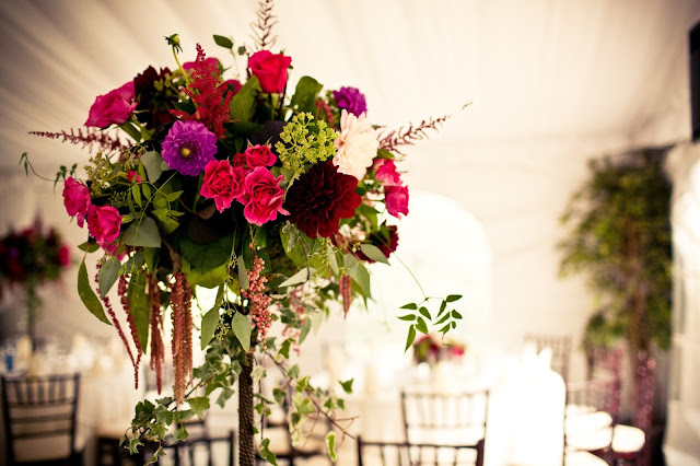 tall centerpieces hot pink, burgandy and purple
