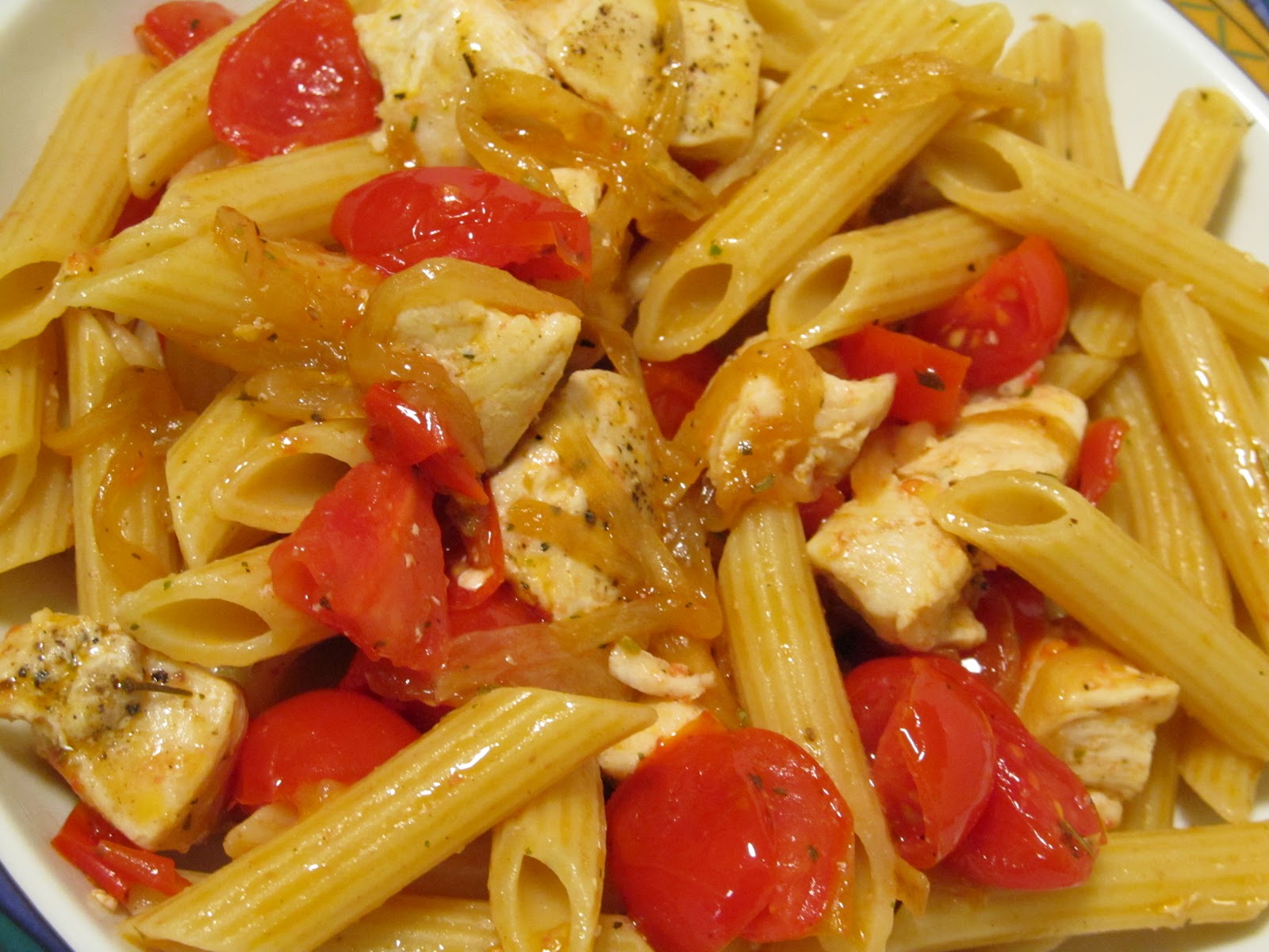 Jenn's Food Journey Pasta with Caramelized Onions, Cherry Tomatoes, and Chicken