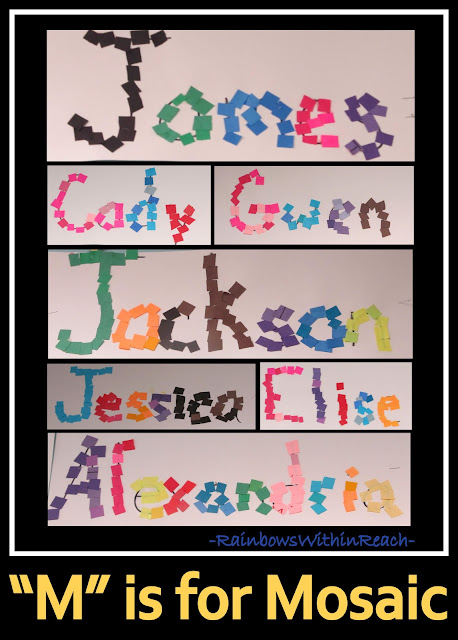 Student Names as Artwork in a Construction Paper Mosaic Names as Mosaics in Kindergarten via RainbowsWithinReach