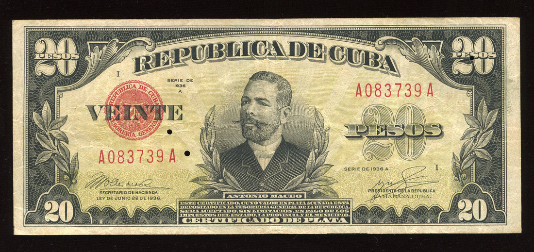 Cuba banknotes 20 Pesos Silver Certificate note of 1936, Antonio Maceo.Coins and Banknotes