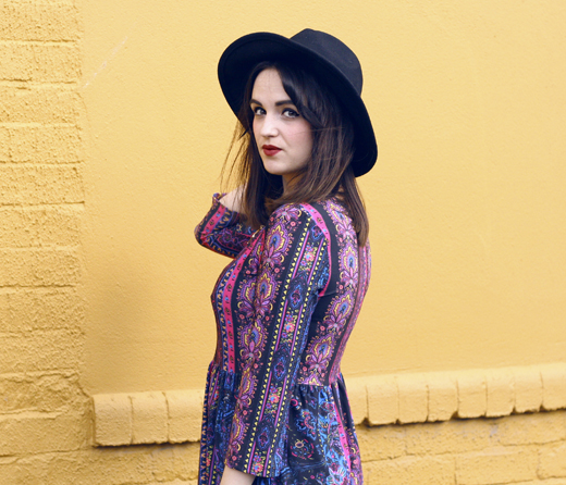 woollen hat, wide brim hat, hunter, floral dress, bright printed dress, hippy, hippie, antler necklace,