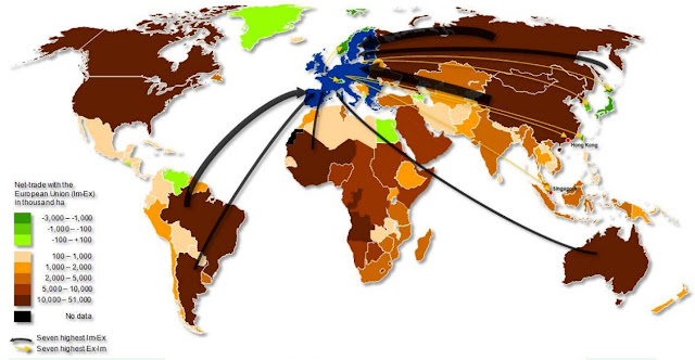 El consumo medio por persona de los habitantes europeos es de 1.3 hectáreas, mientras que países como China e India usan menos de 0.4 hectáreas per cápita. Mapa+europa