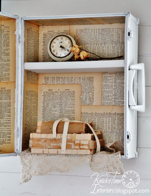 Repurposed Trunk Wall Cabinet by Knick of Time Repurposed Trunk into Wall Cabinet with Dictionary Pages and Framed Mirror by Knick of Time