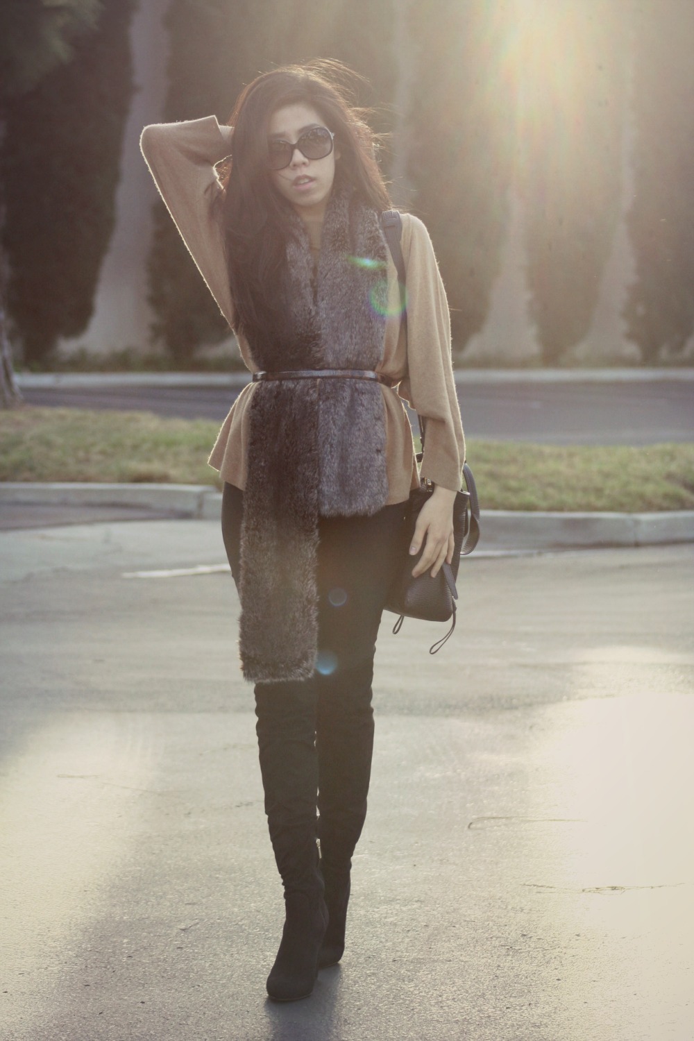 J.Crew Camel Oversized Cashmere Sweater with Faux Fur Stole and Zara Leather Trim Pants