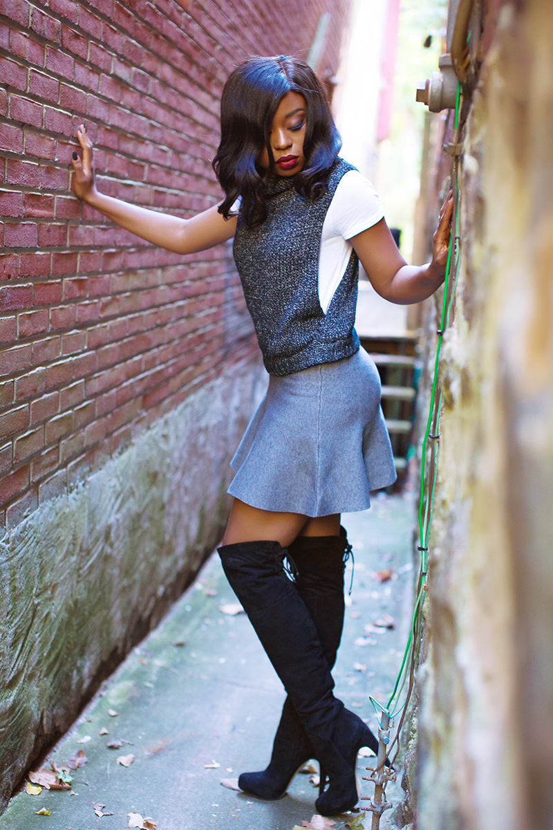 Fall outfit, grey sweater, Sam edelman over the knee boots, www.jadore-fashion.com