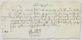 Fe de bautismo de Miguel de Cervantes: 'año de 1547 domingo nueve días del mes de octubre Año del señor de mill / e qnjs. e quarenta e siete años fué baptizado miguel / hijo de Rodrigo de cervantes e su muger doñar leonor fue / ron sus conpadres Ju.º pardo baptizole El R.do señor br.e /seRano Cura de nra. señora ts.º baltasar vazqz. sacrista / e yo q. le baptize e firme de mj nobre // El bachillr. SeRano'