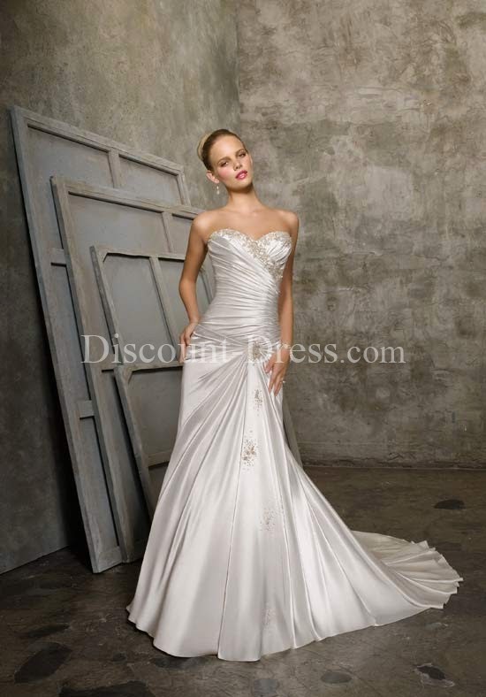 A-Line Strapless Floor Length Soft Satin Beading/ Embroidery #Wedding #Dress