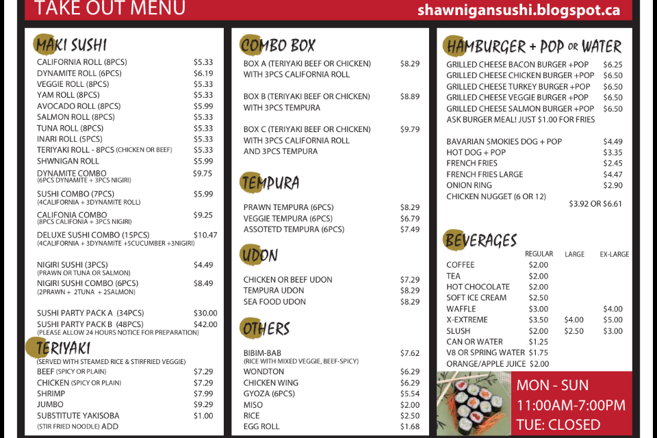 Shawnigan Jen's sushi & Teriyaki (TakeOut) Menu