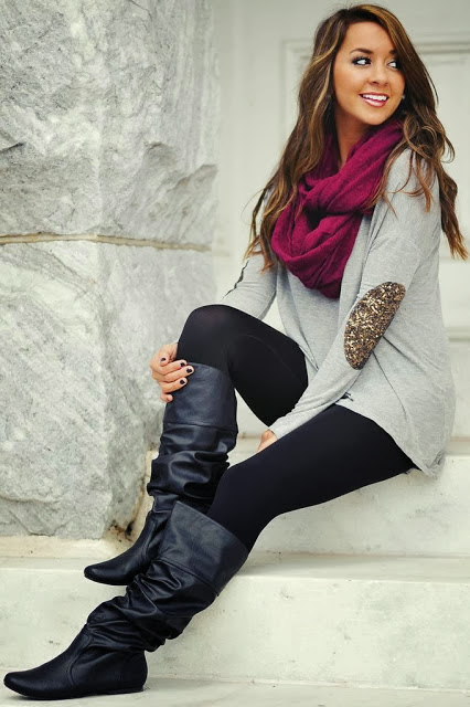 Elbow Patch Blouse and Long Black Boots