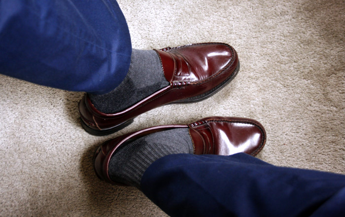penny loafers and pants