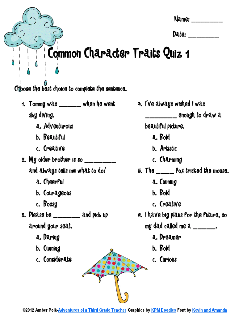 22-22 Free Resources: Character Traits Vocabulary Pertaining To Character Traits Worksheet 3rd Grade
