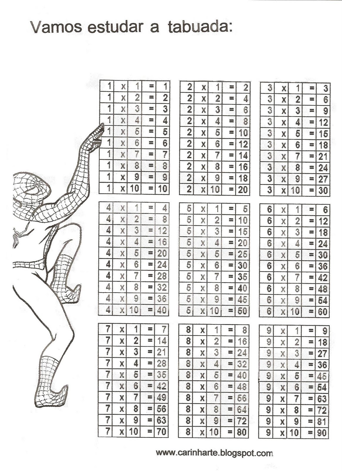 Tabuada do Homem Aranha Para Colorir - Atividades de Matematica