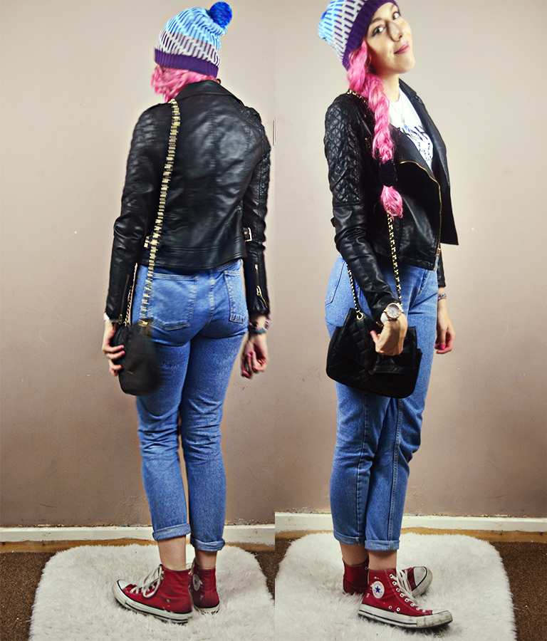 pink hair, bobble hat, etia designs, scrunchie, mom jeans, leather jacket, celeblook, converse