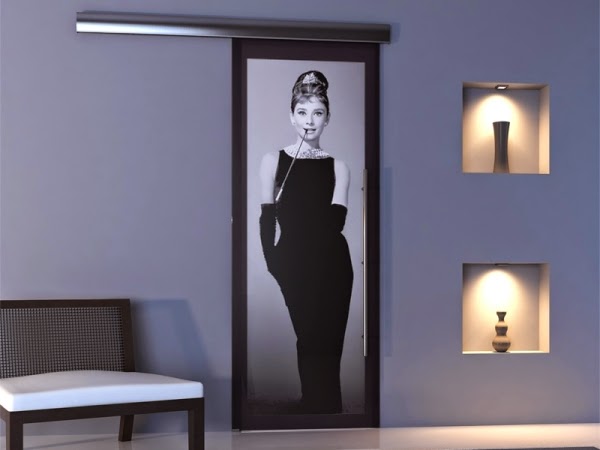 glass sliding doors with Audrey Hepburn design
