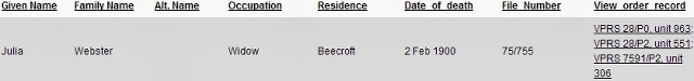 PROV entry re the will of Julia Webster, Beecroft, died 1900
