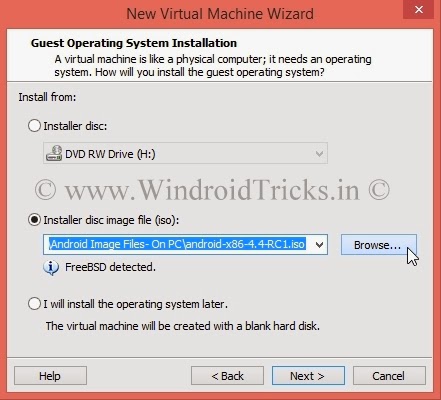 Selecting the .ISO File of Ansroid How to install android in Windows using Virtual Machine, VMware Workstation, VirtualBox
