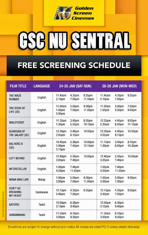The only film I haven't seen and don't mind seeing is 'Don't Go Breaking My Heart'. GSC Nu Sentral Free Screening schedule