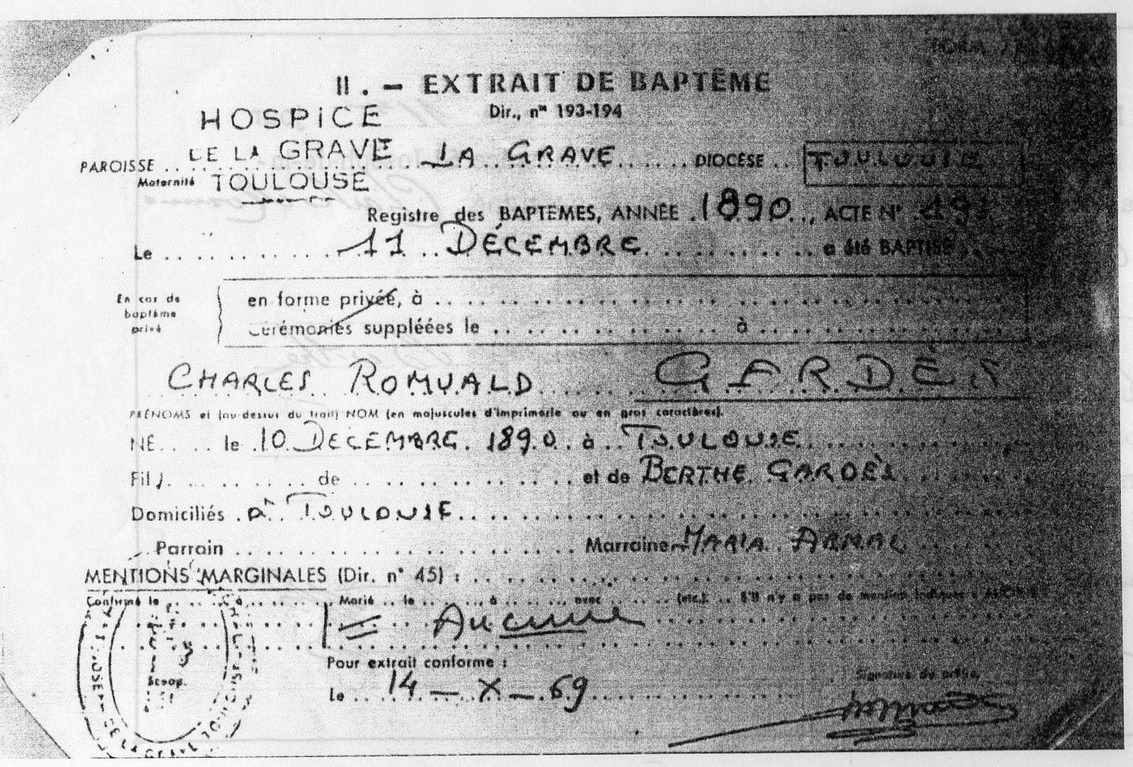 La Fe de Bautismo de Gardel La Fe de Bautismo de Gardel